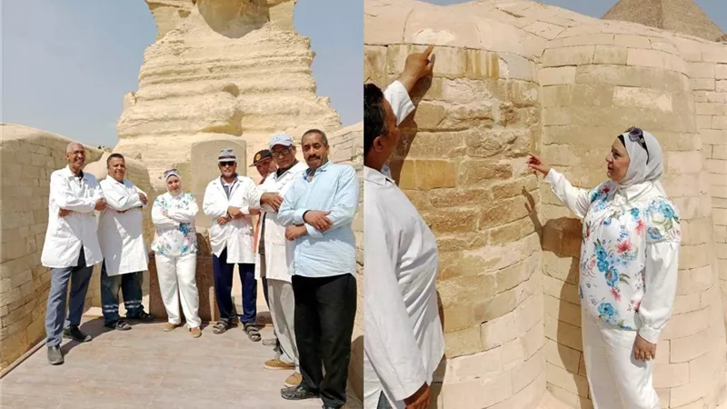 اطمئنان على أبو الهول.. جولة ميدانية لمتابعة أعمال الترميم والصيانة بالمنطقة